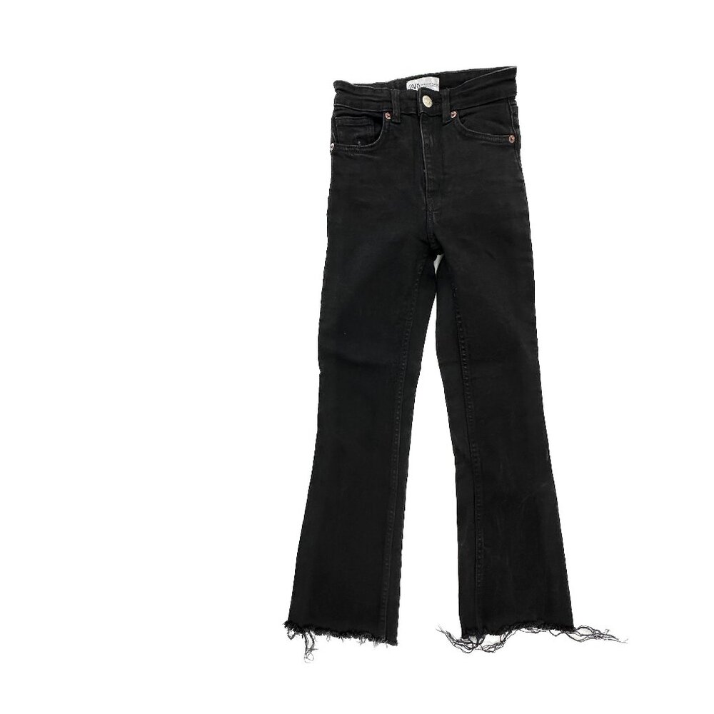 Zara Bootcut Jeans Womens 00 Black Denim Crop Raw‎ Hem Mid Rise